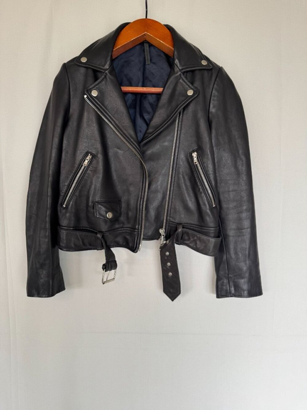 Topshop Black Genuine Leather Silver‎ Hardware Relaxed Oversize Moto Jacket Sz 4
